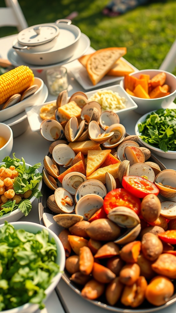 A festive table with clam bake and assorted side dishes: corn on the cob, coleslaw, garlic bread, roasted potatoes, and salad.
